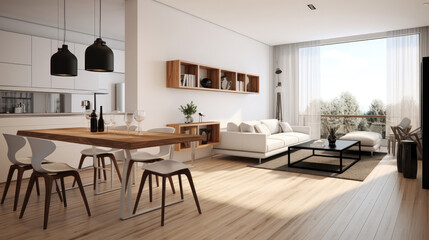 Minimalist studio apartment. Interior design of modern living room with dining table and stools. Generative AI
