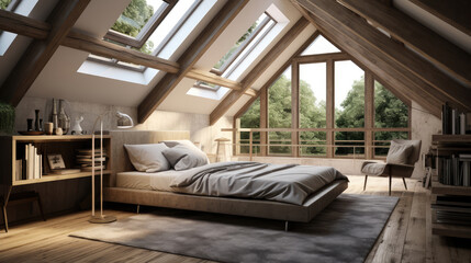 Interior design of modern bedroom in attic with wooden beams and Generative AI