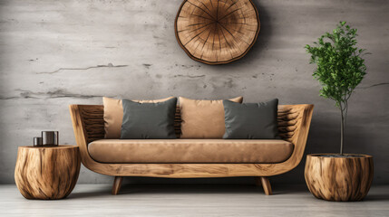 Round rustic loveseat sofa and stump side table near wall with beautiful and unique wooden cut decor. Interior design of modern scandinavian living room. Generative AI