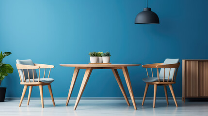 Round wooden dining table and barrel chairs against window and blue wall. Scandinavian or mid-century interior design of modern living room. Generative AI