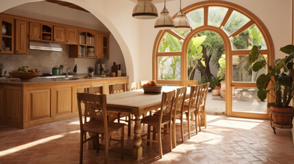 Fototapeta na wymiar Traditional spanish interior design of kitchen with arched windows and door, wooden dining table and chairs. Generative AI