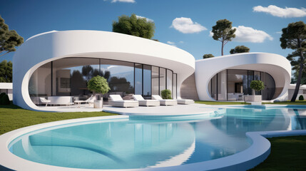 Obraz na płótnie Canvas Exterior of modern minimalist white villa with swimming pool. Rich house with round shapes. Generative AI