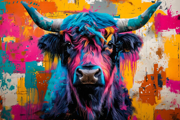 Colorful painting of cow with horns.