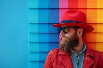 Man with red hat against a colorful wall