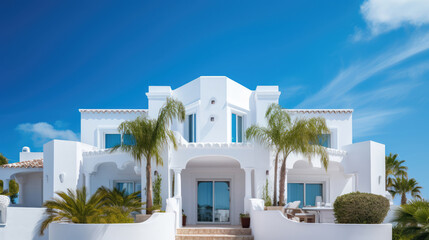 White villa over blue sky. Traditional mediterranean residential architecture Generative AI