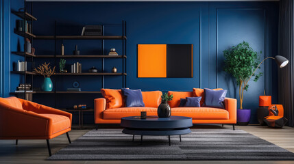 Interior design of modern living room with dark blue walls and orange furniture. Generative AI