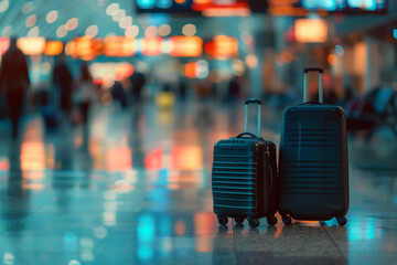 two luggages at an airport, with a blur of passengers and terminals behind.