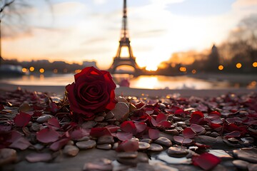 Closeup on red flowers on ground with Eiffel Tower blurred background, valentine, vacation, travel, love concept - obrazy, fototapety, plakaty