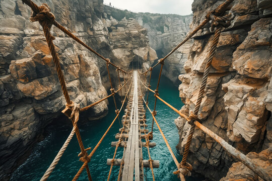 Fototapeta Rope bridge over gorge.