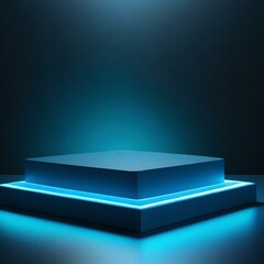 blue shelf.a neon blue platform stage bathed in soft light against a dark backdrop, evoking a sense of modernity and innovation. The minimalist design of the podium and its luminous glow provide the p