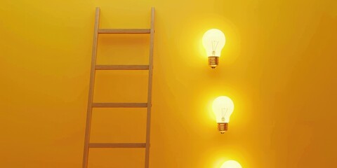Light bulbs with ladder, concept of idea, creativity and success, yellow background. - obrazy, fototapety, plakaty