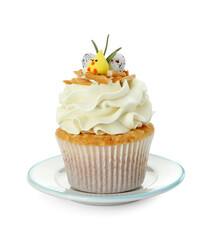 Tasty Easter cupcake with vanilla cream isolated on white