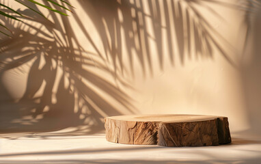 Minimalist wooden stump podium with palm leaf shadow and beige background for product display.