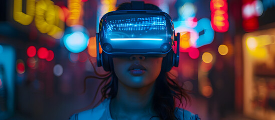 Visitors Exploring Fantastical Worlds in a Futuristic Virtual Reality Theme Park with a Blue Sci Fi Tone