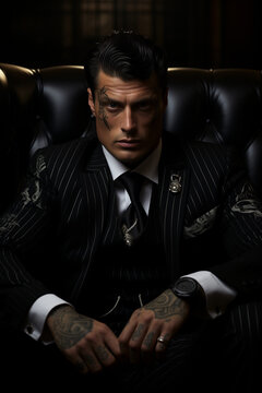 Handsome man boss wearing pinstripe suit sitting in leather armchair