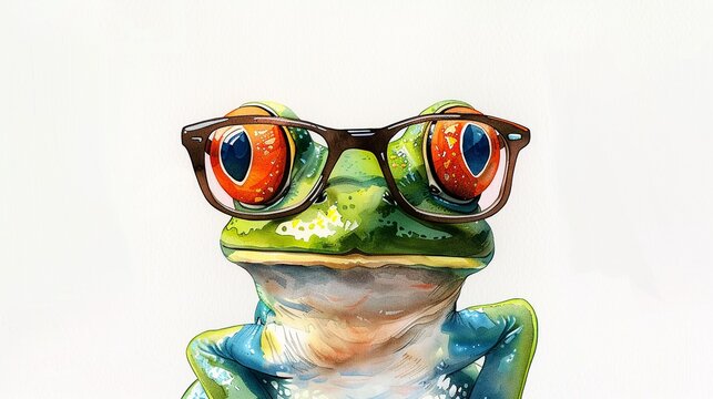 A cute watercolor painting of a green frog wearing horn-rimmed glasses