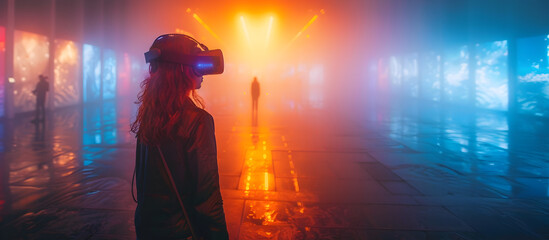 Visitors Immersed in a Surreal Virtual Art Exhibit Showcasing Futuristic Landscapes and Abstract Sculptures