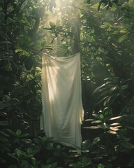 A white cloth hanging from a tree branch in a forest. - obrazy, fototapety, plakaty