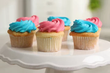 Foto op Canvas Delicious cupcakes with bright cream on dessert stand indoors, closeup © New Africa