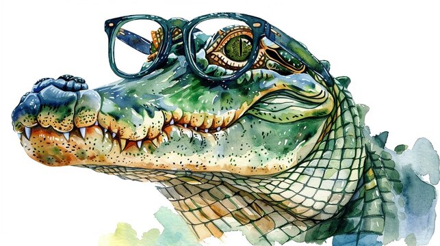 A cute watercolor painting of an alligator crocodile wearing horn-rimmed glasses.