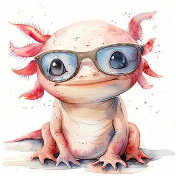 A cartoon axolotl wearing horn-rimmed glasses, cute watercolor art