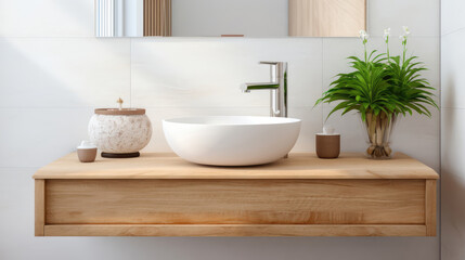 Fototapeta na wymiar Wooden washstand with white ceramic vessel sink. Interior design of modern bathroom. Generative AI