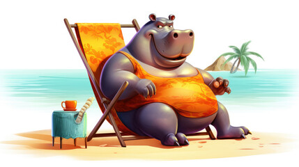 Funny cartoon fat hippo sitting on broken beach chair isolated over white background. Obesity and overweight concept. Generative AI - obrazy, fototapety, plakaty