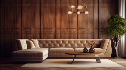 Beige velvet corner tufted sofa in room with wood paneling walls. Art deco style interior design of modern living room. Generative AI