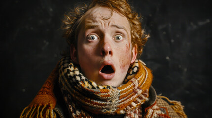 A man with red hair and a scarf wrapped around his neck is looking surprised. The scarf is orange and has a pattern of squares - obrazy, fototapety, plakaty