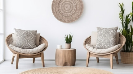Wooden armchair near white stucco wall with three posters. Boho interior design with home decor. Generative AI