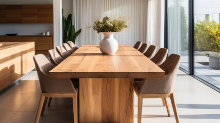 Chairs at wooden dining table. Interior design of modern dining room with natural wood furniture. Generative AI