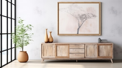 Wooden distressed cabinet and art poster on white wall. Interior design of modern living room. Generative AI