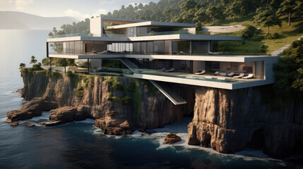 Modern villa on a cliff. Mansion with terrace and pool. Generative AI