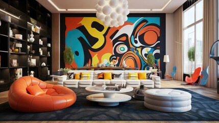 Pop art interior design of modern living room. Generative AI