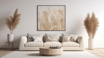 Vase with pampas grass and black round coffee table near white sofa. Big square art poster frame on white wall. Japandi interior design of modern living room. Generative AI - Powered by Adobe