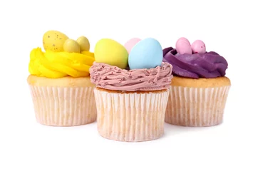 Fotobehang Tasty decorated Easter cupcakes isolated on white © New Africa