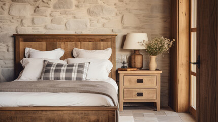Farmhouse interior design of modern bedroom. Vintage wooden bedside cabinet near wooden bed Generative AI