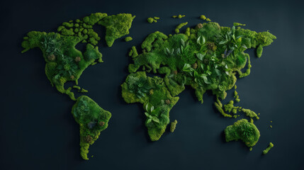 World map made from green grass and leaves. Ecology and green environment concept isolated on dark green background. Generative AI