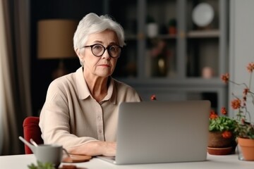 Senior woman with glasses concentrating on a laptop screen in a cozy home environment. Elderly Woman Focused on Laptop at Home