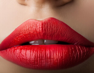 A close up of a womans lips with a red lipstick