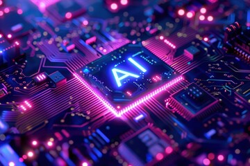 Circuit board with chip with word AI, concept of artificial intelligence and technology. - obrazy, fototapety, plakaty
