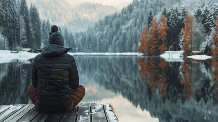 Alone male man adult traveller sit casual relax on wooden deck at the end of deck with stunning reflecting lake with winter snow cold temperature scenery forest lake background.