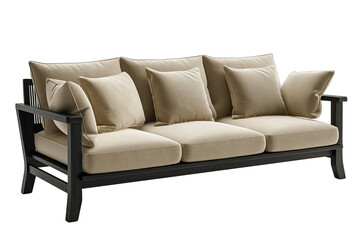 Fototapeta premium Elegant wooden sofa with cream cushions isolated on white background 3D rendering