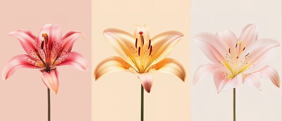 Beautiful blooming lily flower minimalist fantasy background, A bouquet of lilies in a vase in daylight, fresh light pink yellow white color lily flower poster nature background,