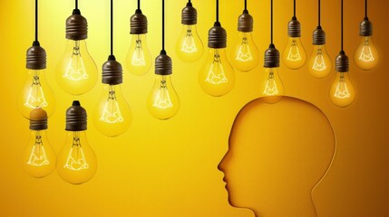 Drawing of several light bulbs above a human head, concept of idea, creativity, imagination. - obrazy, fototapety, plakaty