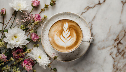 Top view of flowers and hot latte coffee with barista latte art in the cup on marble background