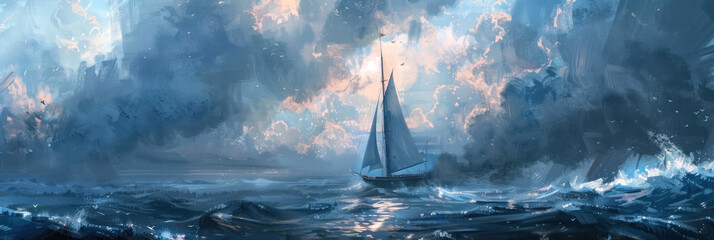 digital painting of a lone sailboat amidst the tumultuous sea,