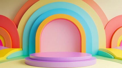 Empty podium in the center , children's background, rainbow color 3D.