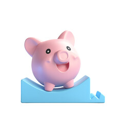 Adorable Pink Cartoon Pig Sitting on a Blue Arrow, Illustrating Growth and Progress Concept.