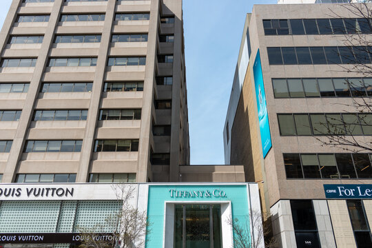 exterior view of Tiffany & Co and a part of Louis Vuitton located at 150 Bloor Street West in downtown Toronto, Canada